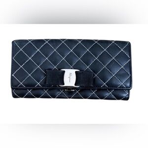 Salvatore Ferragamo Black Quilted Wallet with Bow Detail